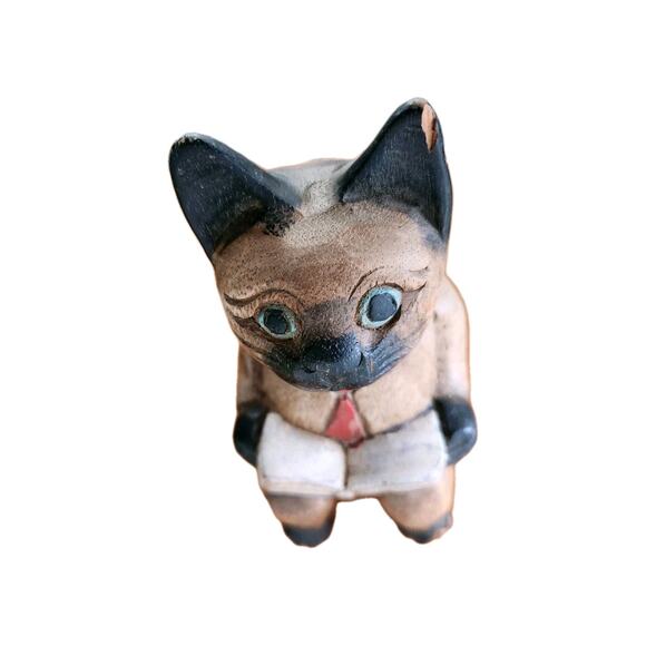 Vintage Folk Art Cat w/ Book & Red Tie Handmade Wooden Whimsical Shelf Sitter 7" - Picture 6 of 11